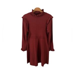 Hailey Lyn Burgundy Mock Neck Ribbed Ruffle Detail Long Sleeve Maroon Mini Dress